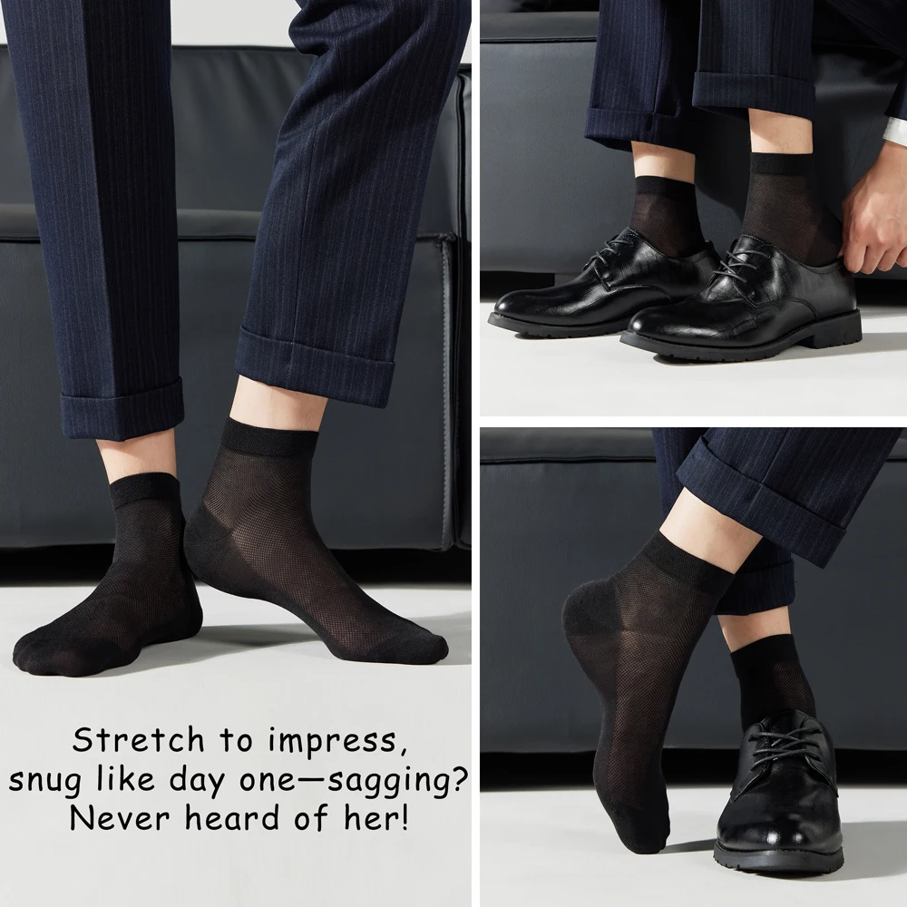 Men's Mulberry Silk Modal Blend Mid-Calf Socks Thin Breathable Mesh Summer Antibacterial Anti-Odor Black Business Dress Socks view 5
