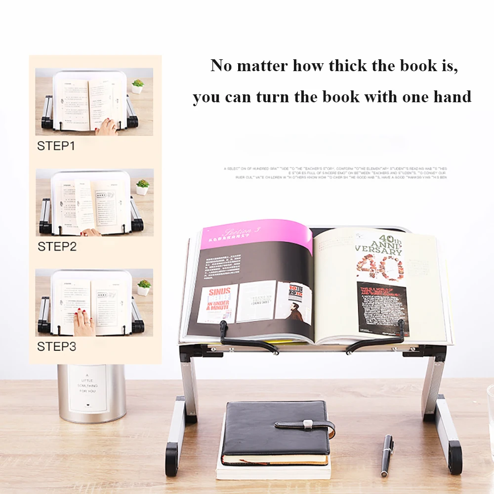 Foldable Reading Book Holder Bookcase Stand for Cookbook PC 360 Degree Adjustable Support Desk Organizer