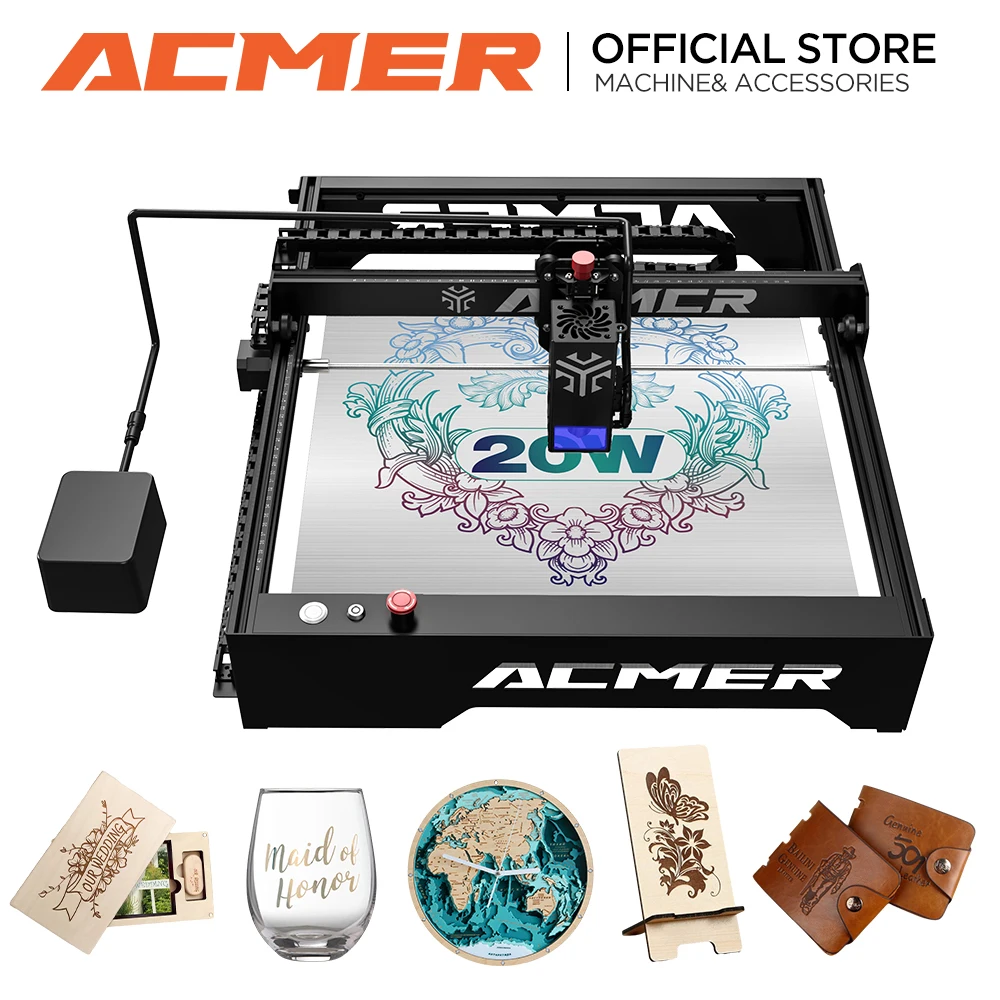 Acmer p1 20w laser gravur schneide maschine automatische luft unterstützung system app wifi steuerung holz bearbeitungs gravur maschine