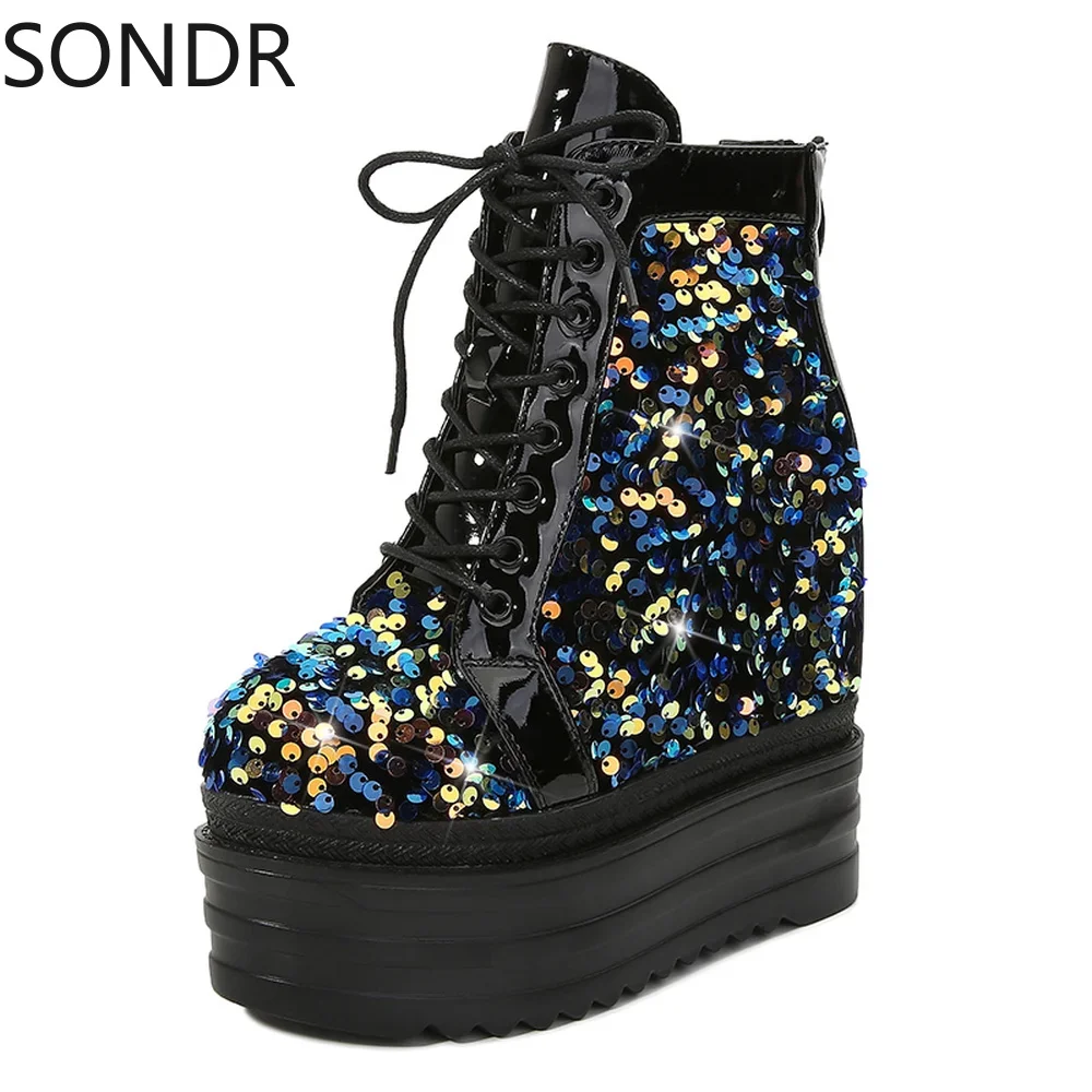 

2023 Womens Round Toe Rainbow Colors Sequins Bling Wedge High 13CM Heel High Top Shoes Platform Lace Up 3Colors