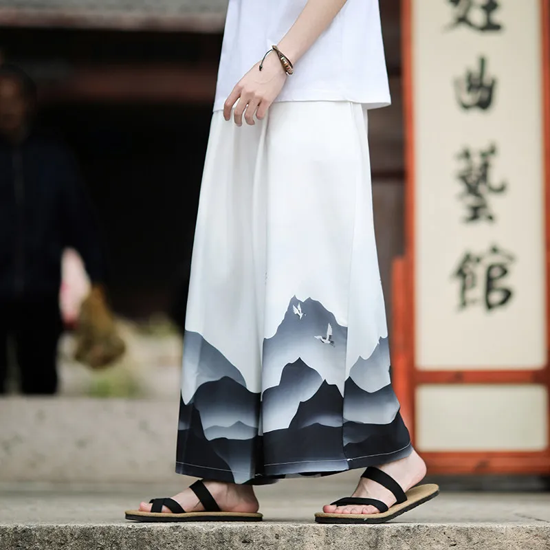 

Chinese Style Wide Leg Pants Mens Casual Baggy Trousers Oversized Jogging Pants Women Men Vintage Oriental Elastic Waist Bottoms