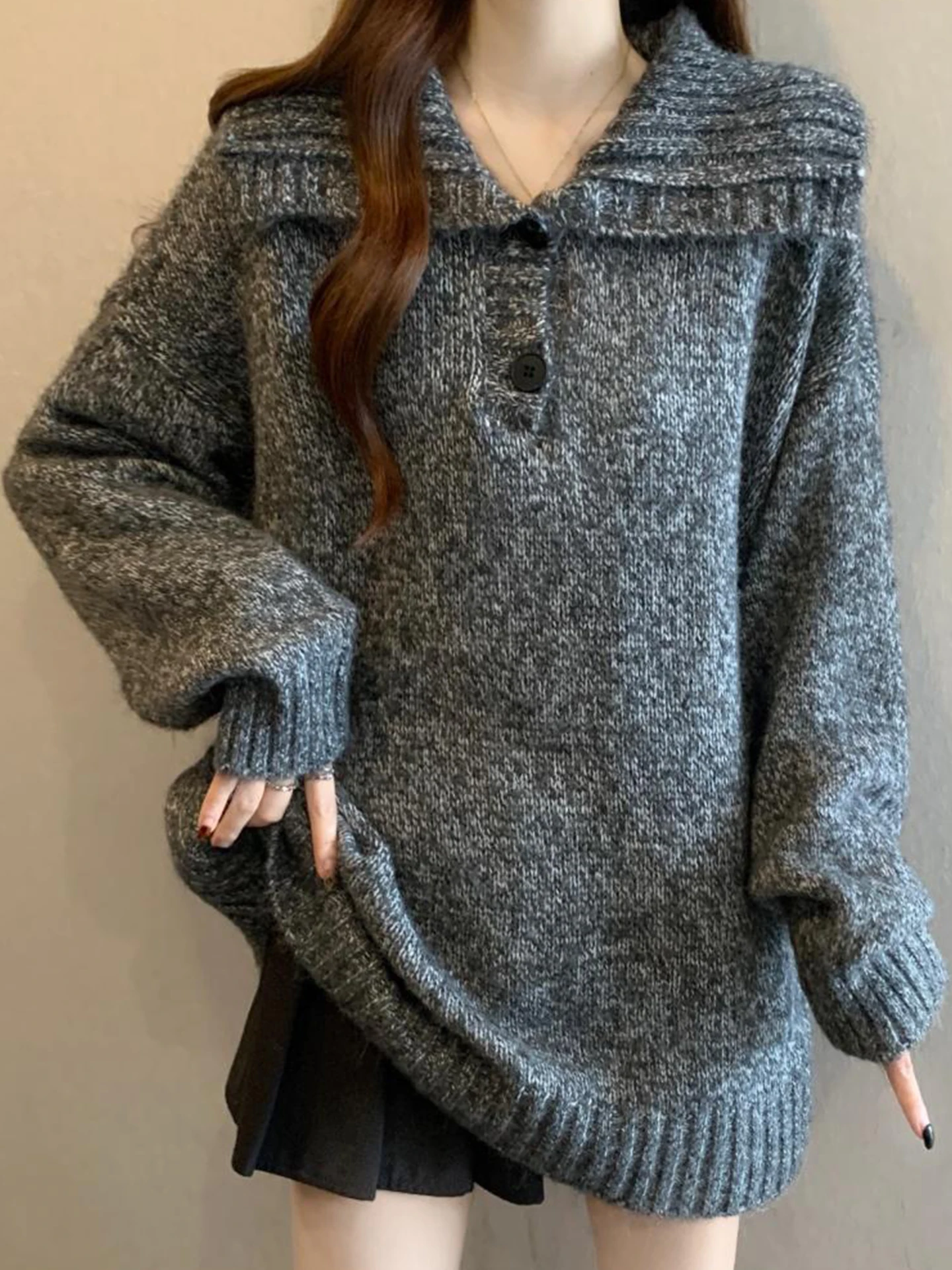 

Женский утепленный свитер оверсайз с воротником для осени и зимы, комфортный вязаный топ в повседневном стиле