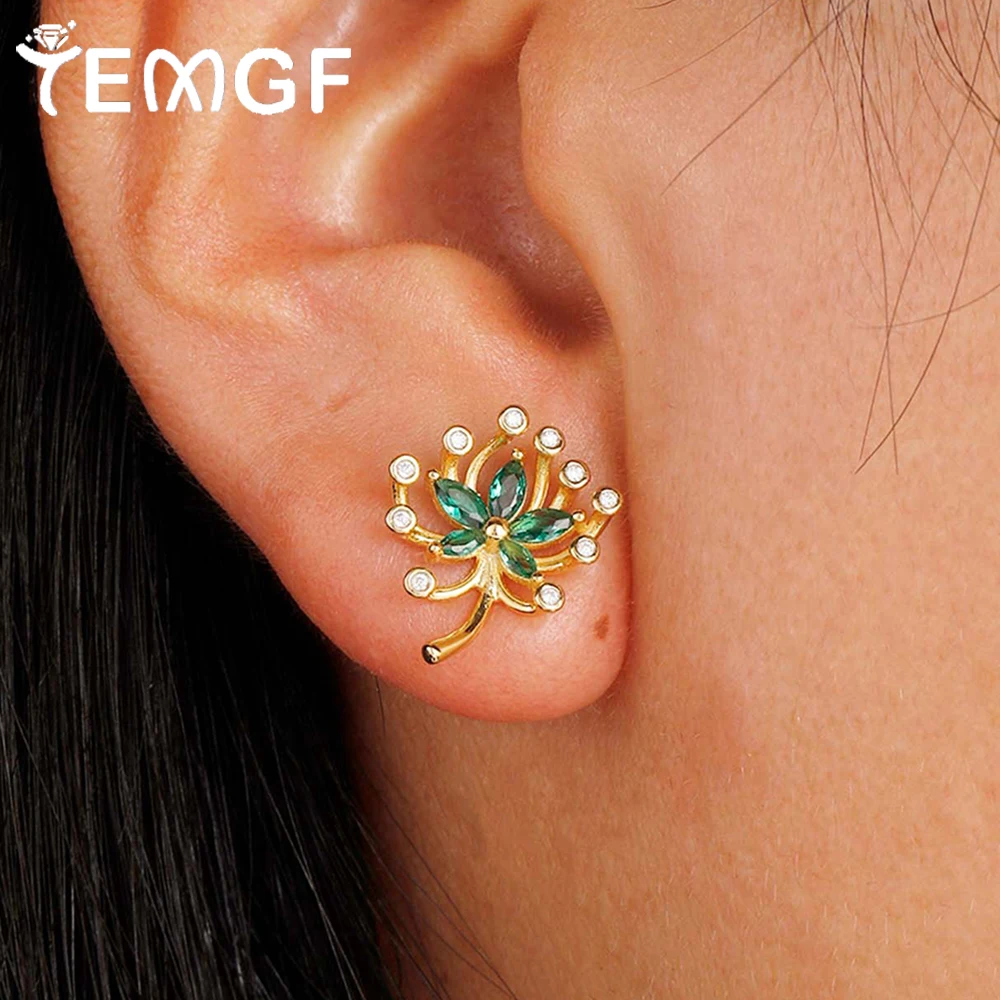 

TEMGF 925 Sterling Silver Flower Earrings for Women 1mm Moissanite Green Zircon Inlay Studs Fine Ear Jewelry With Certificate