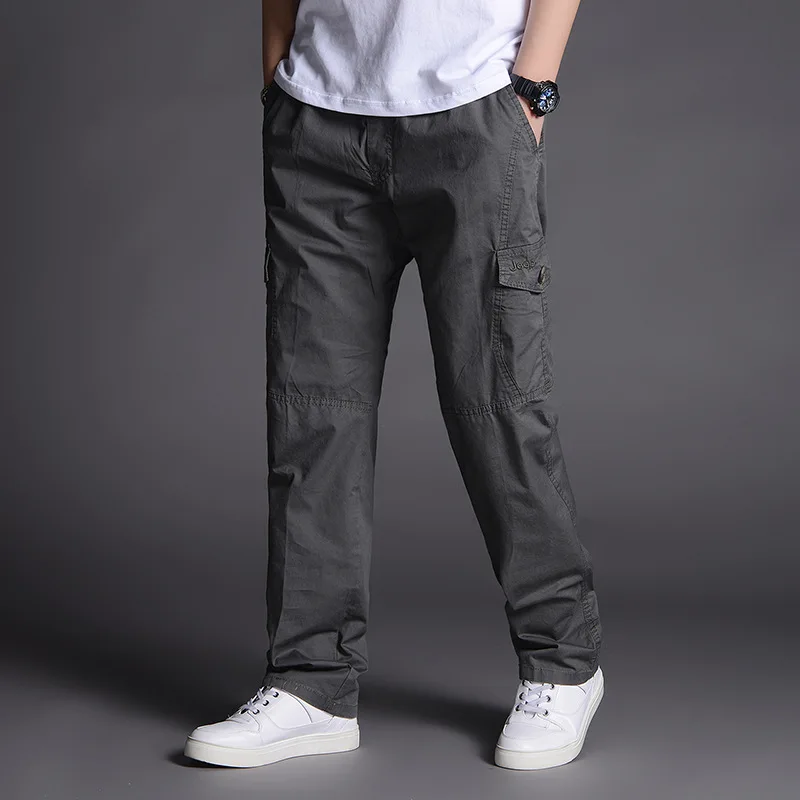 Pantalones Cargo holgados para hombre, ropa de trabajo versátil, de algodón, informal, varios bolsillos, color caqui sólido, talla grande, novedad