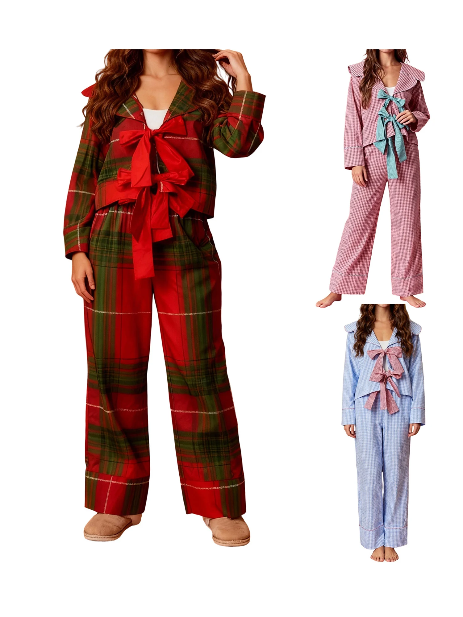 

Women 2 Piece Plaid Pajama Set Tie Front Long Sleeve Tops and Pants 2 Piece Sleepwear Outfit