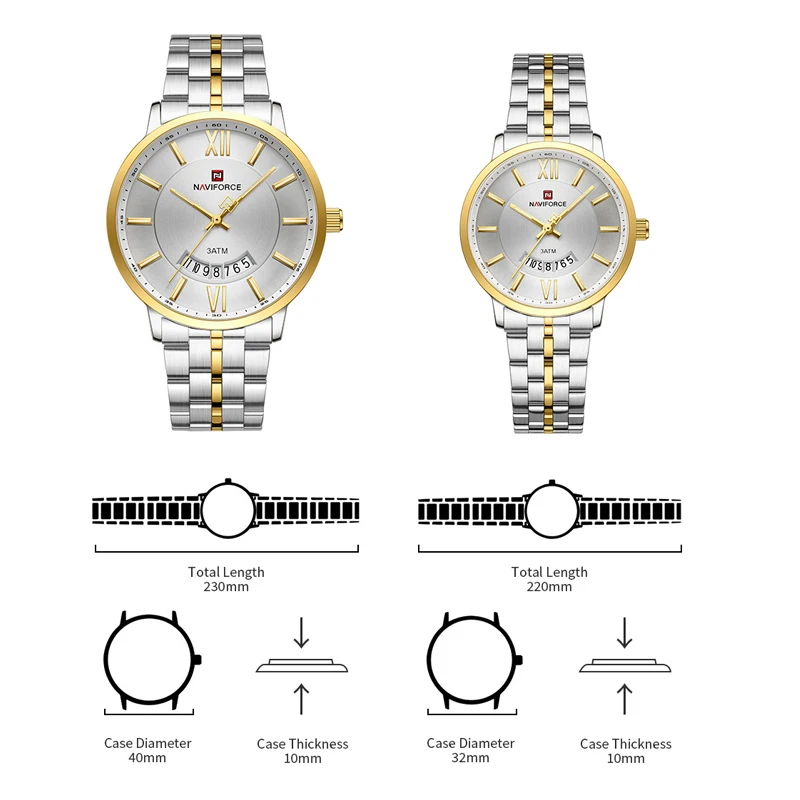 NAVIFORCE Simple pareja salvaje relojes de pulsera de cuarzo moda elegante 30M impermeable banda de acero inoxidable calendario reloj amantes reloj