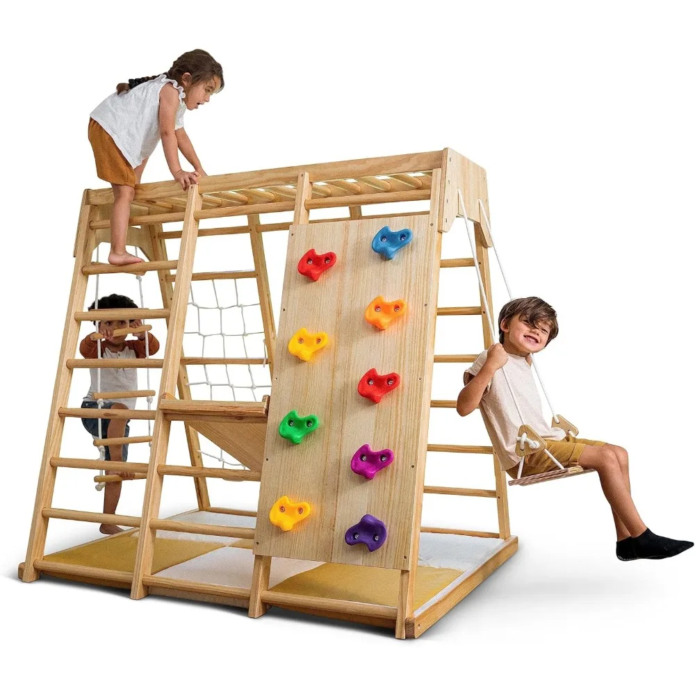 

Magnolia Indoor Playground 6-in-1 Jungle Gym Montessori Waldorf Style Wooden Climber Playset Slide, Rock Climbing Wall