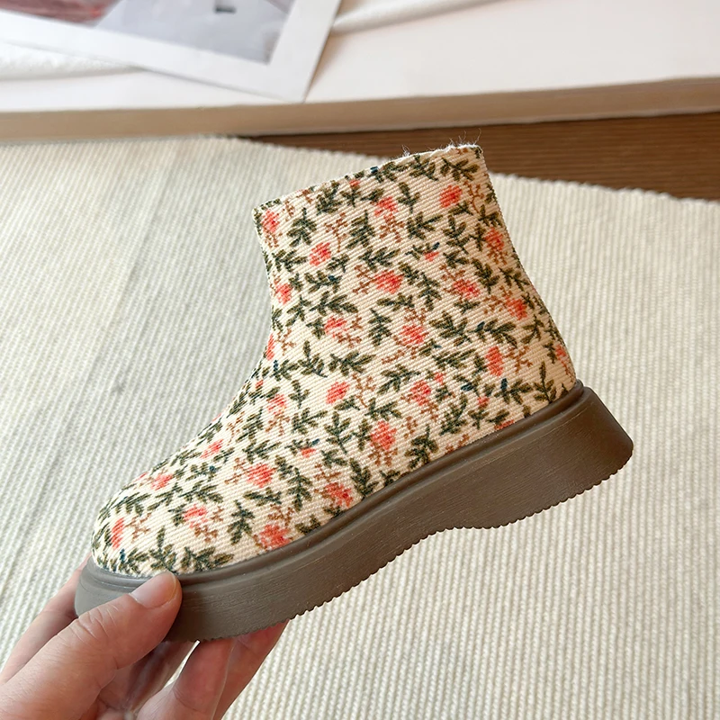 Winterstiefel für kleine Mädchen, mit Blumenmuster, aus Cord, mit weichem Innenfutter, Reißverschluss, klobiger, dicker Sohle, warme, bequeme Freizeitstiefel. – Detail 7