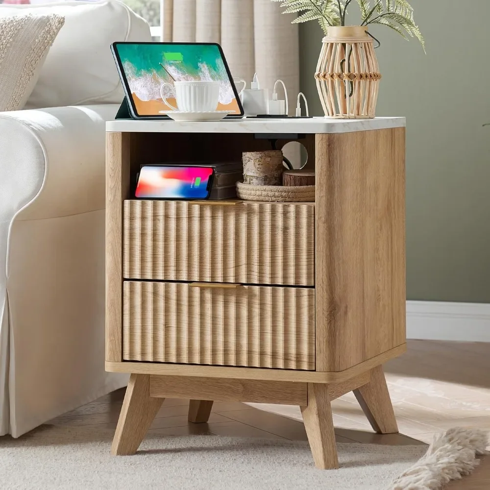 

Fluted Nightstand with Charging Station, 18" Modern Side Table with Faux Marble Top, 2 Drawers End Table w/Storage