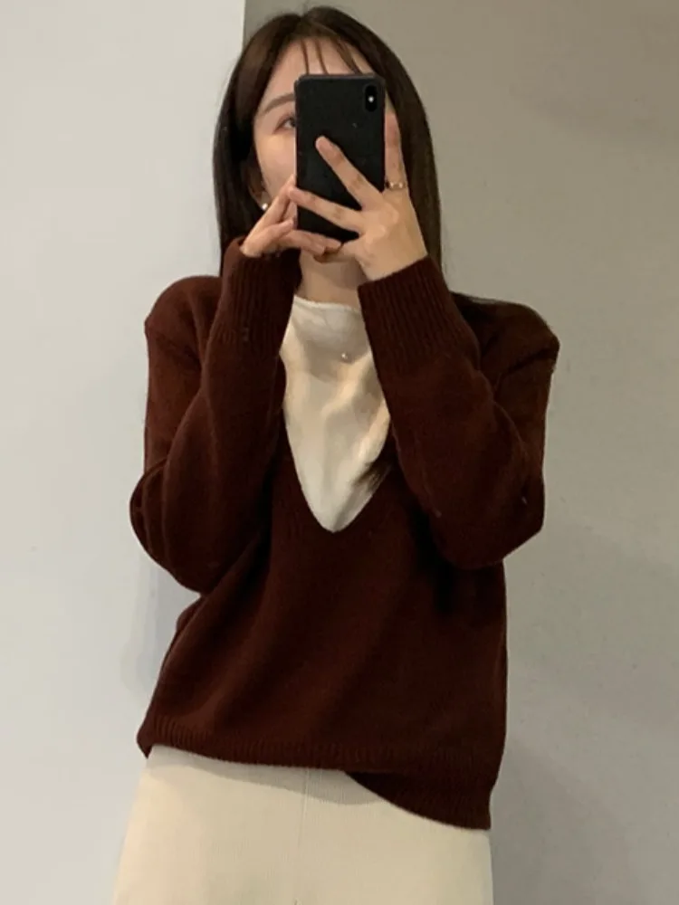 Chique losse casual kleur Blo Long Sve gebreide trui Herfstontwerp Veelzijdige ronde Ne Color gebreide kleding voor dames