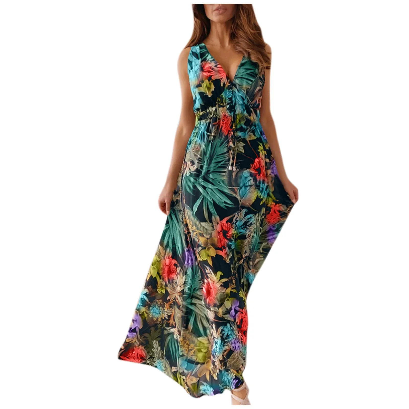 Vestido de verano para mujer, ropa informal hawaiana con estampado de estilo Resort, sin mangas, cintura elástica, cuello en V, jersey con oscilación fluida