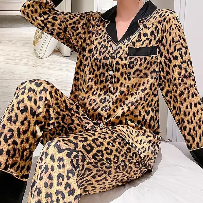 Korean Sexy Leopard Print Autumn Pajamas Women\'s Long-sleeved Suit High-end New Ice Silk Trousers Loungewear Trendy Loungewear