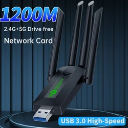 Adaptador USB Dual Band WiFi, 2.4G, 5Ghz, Dongle com 4 Antenas, USB 3.0, Receptor de cartão sem fio de alta velocidade para PC, laptop, 1200Mbps