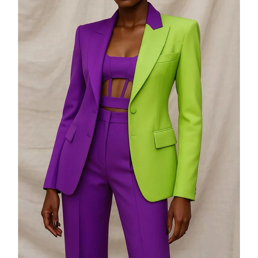 

2025 Summer New Style Women Patchwork Color Suits 2 Piecs Jacket Pants Elegant Social Party Business Femal Clothing