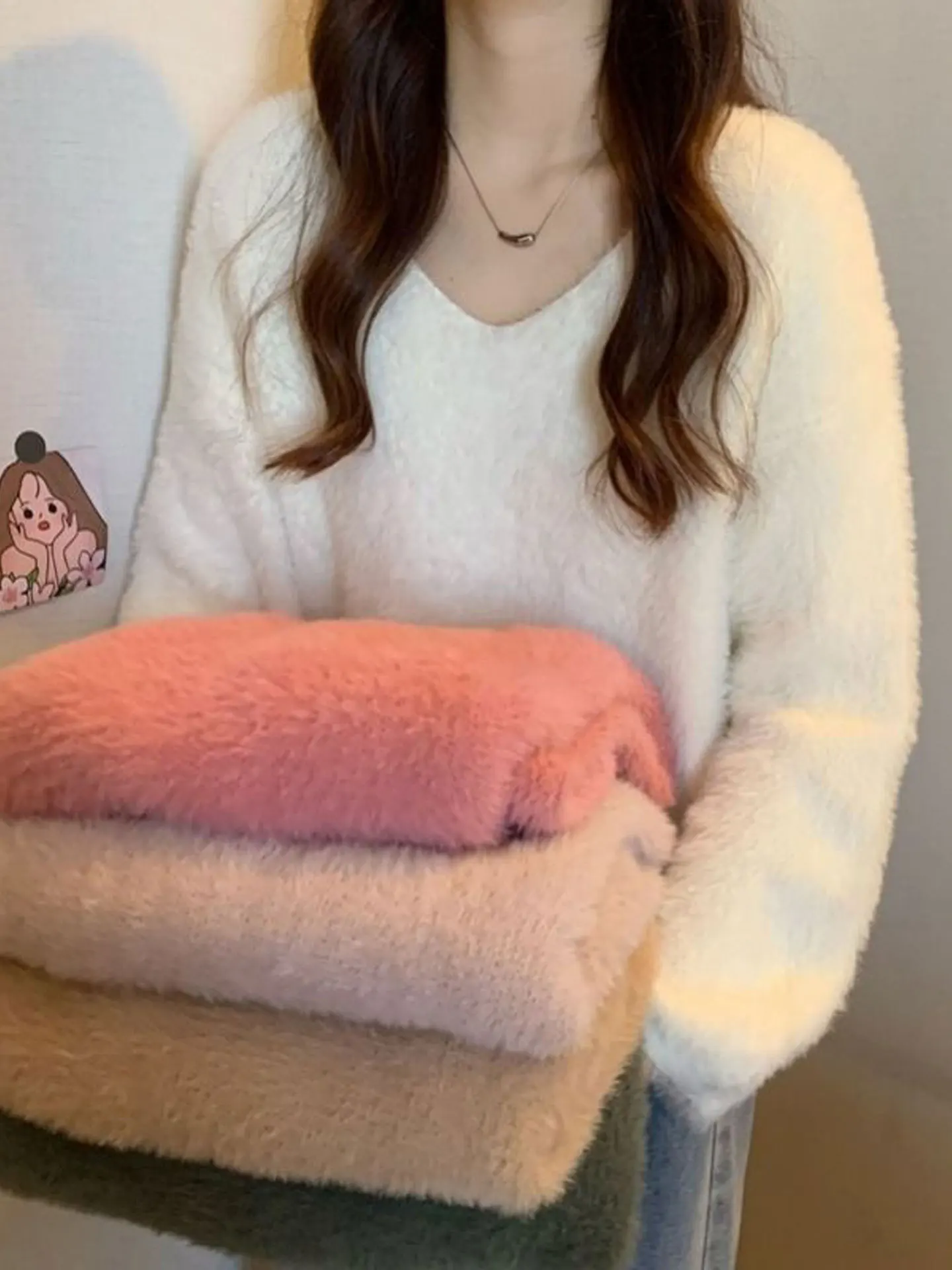 

Pure Color V-Ne Mink Sweater Women's Autumn Winter Loose Inner Knitted Top Small Size Knot Lace Coat