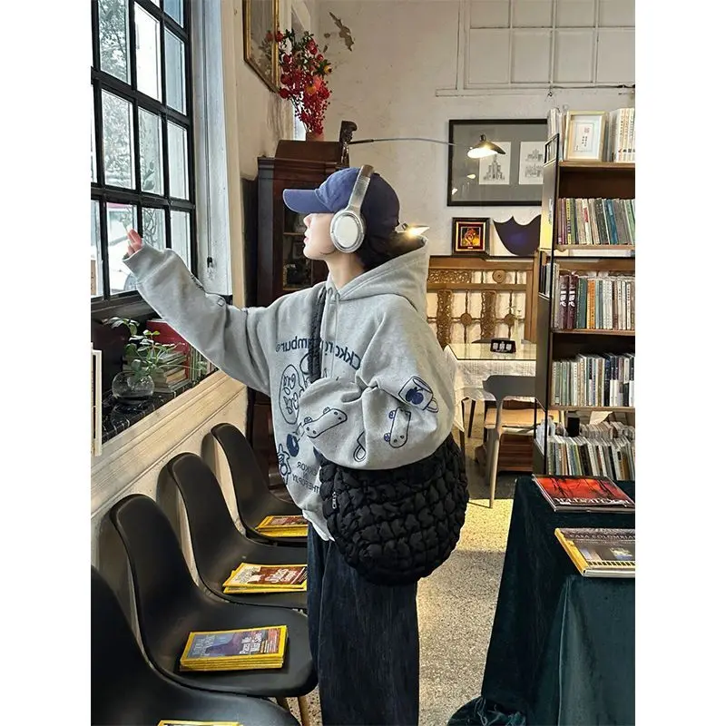모자가 달린 양털 스웨트셔츠 여성용 오버사이즈 스웨트셔츠 여성 여름 정장 달콤한 불규칙한 질감 가벼운 액티브웨어 일본식