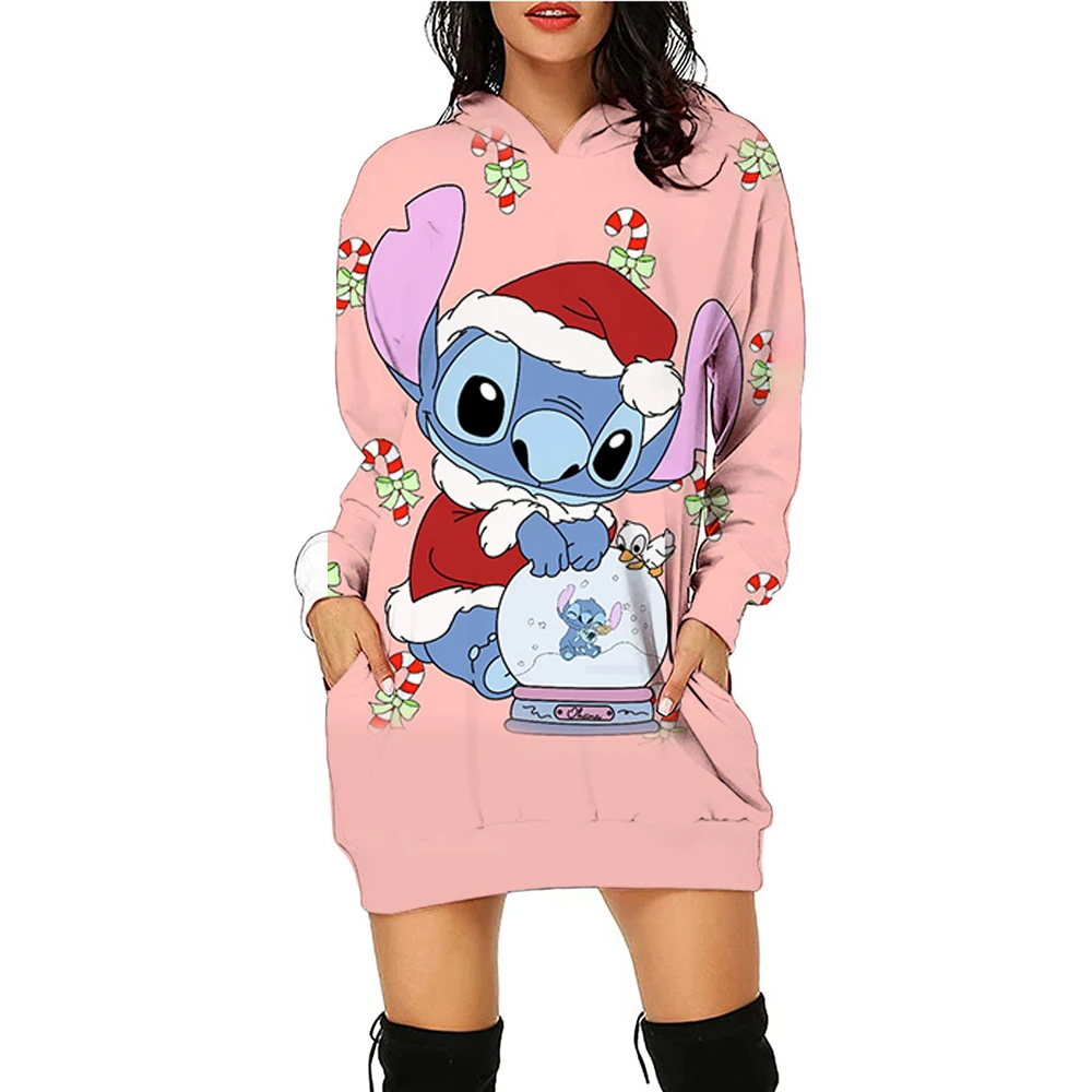 New Women's Hoodie Dress Christmas Disney's Lilo&Stitch Printed Long Sleeve Hoodie Casual Hoodie Pocket Sweater Top