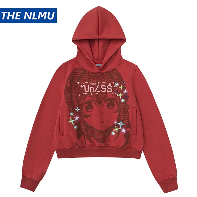 Dames cartoon meisje print hoodie 2025, herfst streetwear trui cropped sweatshirt, casual korte tops met capuchon