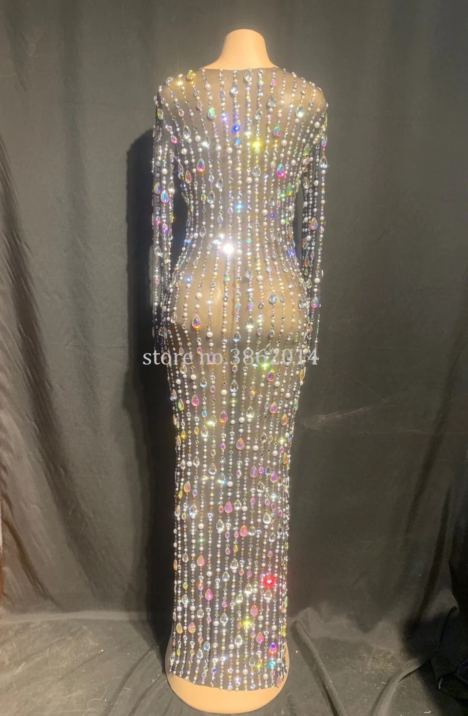 Błyszcząca Sukienka z Cyrkoniami i Perłami dla Kobiet, Sekowna Prześwitująca Sukienka Wieczorowa na Urodziny, Imprezę, Długa Sukienka do Sesji Zdjęciowej