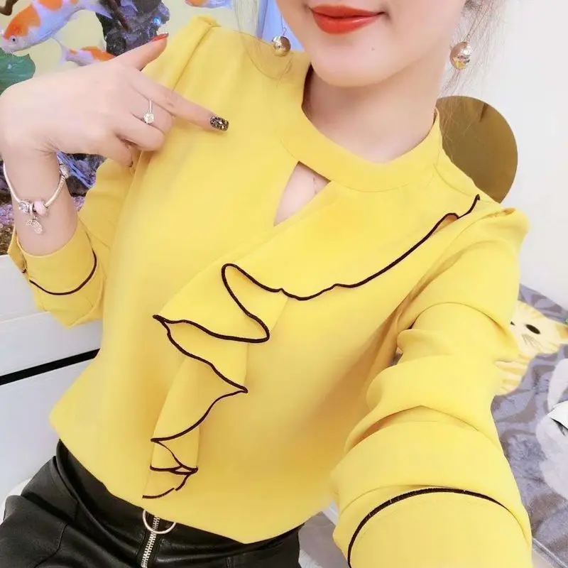 Women Early Autumn New Korean Version Chiffon Ruffles Elegant Solid Color Loose Versatile Temperament Long Sleeves Top