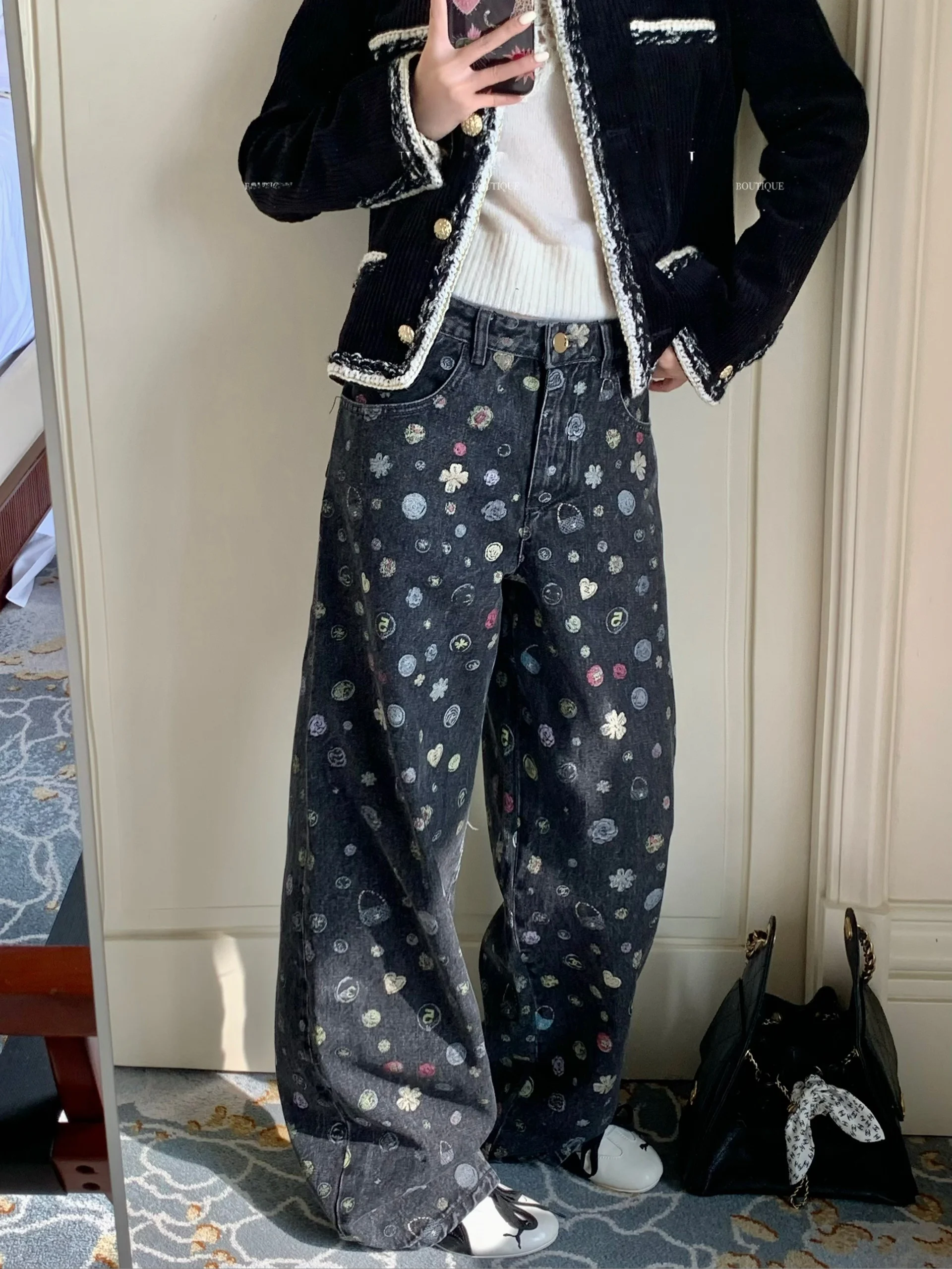 

Элитные винтажные джинсы с широкими штанинами и принтом, женские прямые брюки из хлопкового денима с цветочным узором, осенне-зимняя мода для женщин