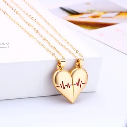 Luoluo&baby 2Pcs/Set Half Heart Two Halves Pendant Heartbeat Magnetic Heart Necklace for Woman Girl Gift