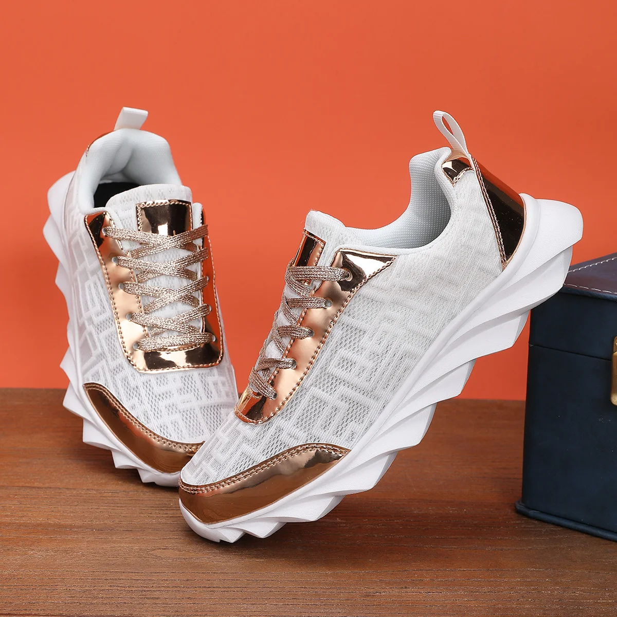 ZERJER Women Fashion Metallic Patchwork Running Sneakers Breathable Mesh Geometric Print Blade Sole Casual Walking Shoes White G