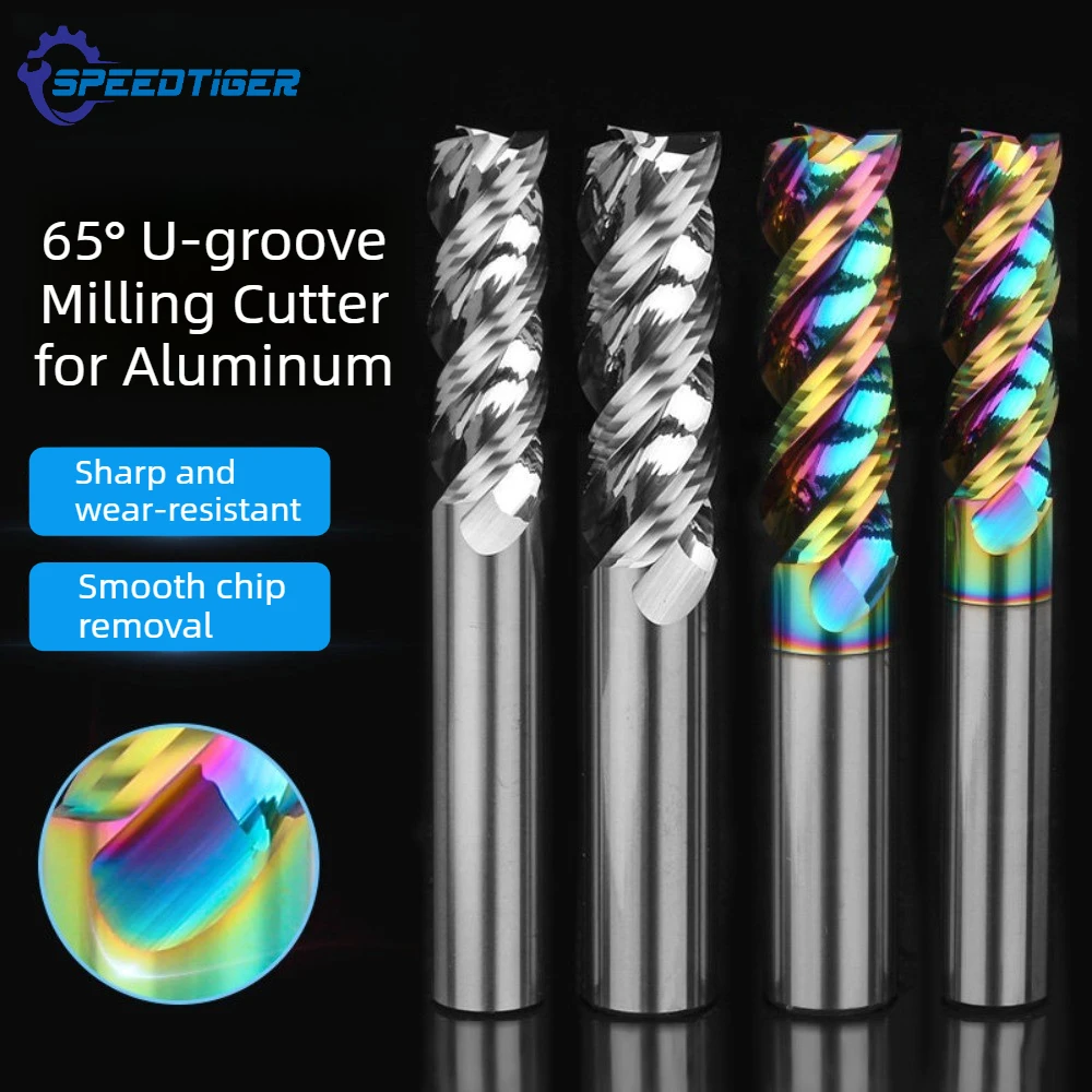 HRC65 3 Teeth Solid Tungsten Carbide End Mill For Aluminum DLC Colorful Coated U-Groove Milling Cutter Dia 1-20mm