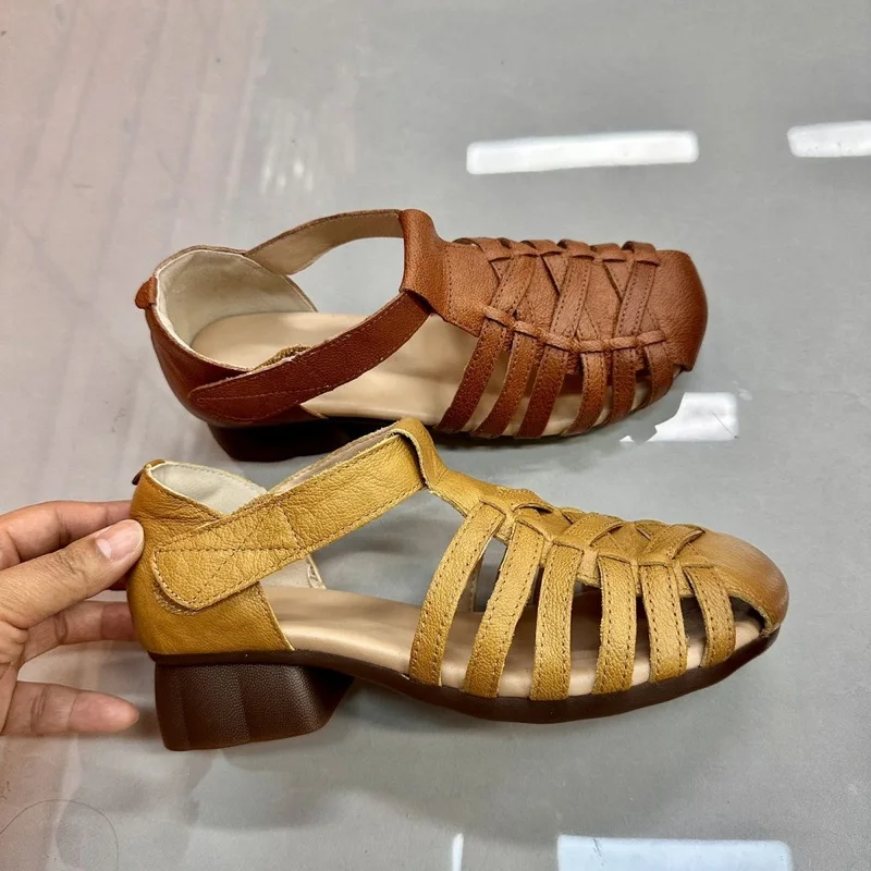 

newest sandals women's retro square heel gladiator woman leather rome hollow breathable sandal ladies low heeled sandals