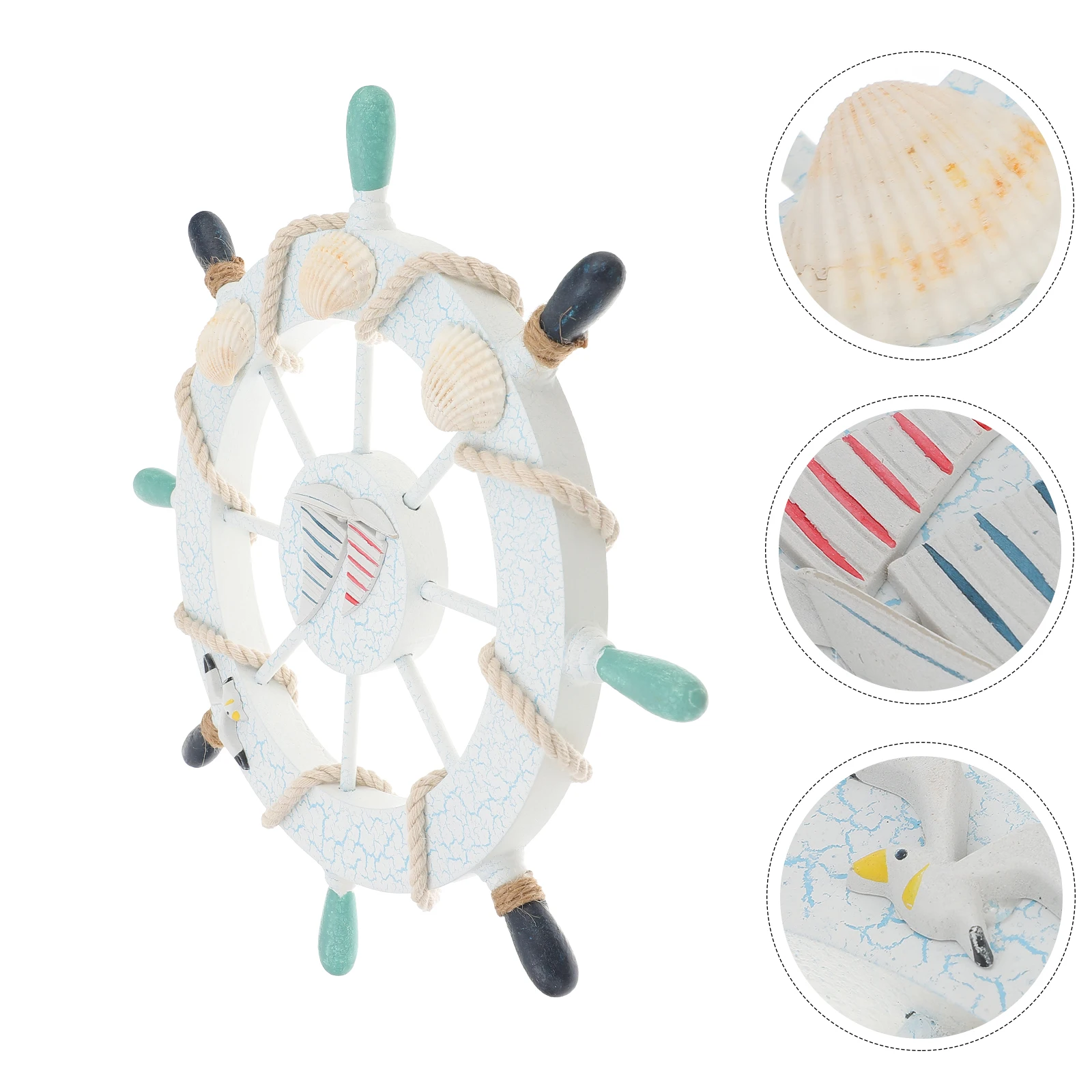 

Nautical Wooden Ship Wheel Boat Steering Home Wall Decor 8 Spokes Light Blue White Fish Bird Pattern Sailing Beach Style Fishing