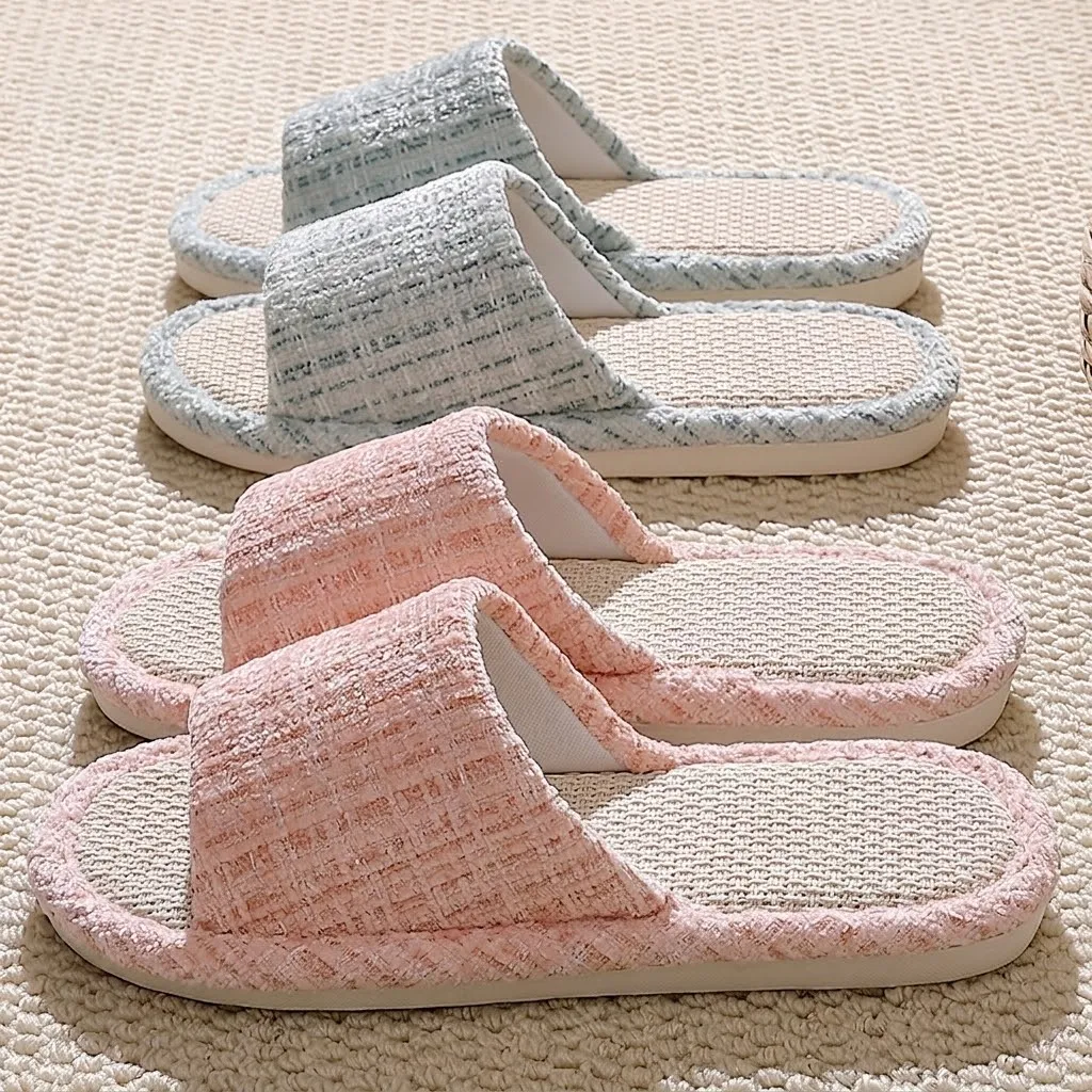 Atmungsaktive Leinen-Hausschuhe für Damen und Herren, gestrickte Tweed-Slipper mit offener Zehenpartie, rutschfeste, dicke, weiche Sohle, schweißabsorbierende Hausschuhe. – Detail 11