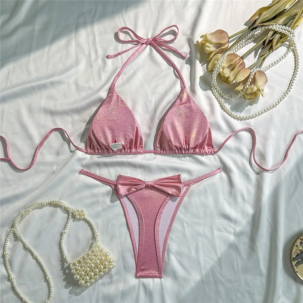 مثير الوردي لامعة الرسن سلسلة مثلث البيكينيات مجموعات 2026 ملابس السباحة القوس الخلفي مايكرو ثونغ ملابس السباحة النساء ثوب السباحة بيكيني Mujer #6