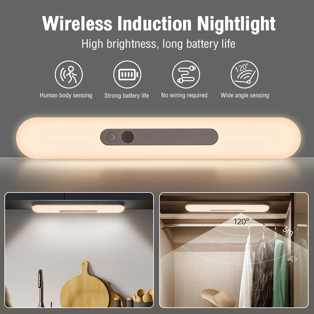 Luz LED nocturna recargable por USB, luces con Sensor de movimiento, 2000mAh, atenuación continua, protección ocular, lectura, armario, lámpara de pared para cabecera