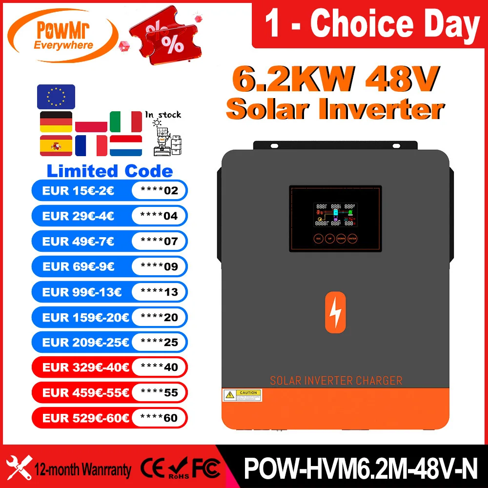 PowMr 6.2KW EU Hybrid Solar Inverters 48V to 220V Pure Sine Wave Build in MPPT 120A Solar Charge Controller for PV Panel 90-500V