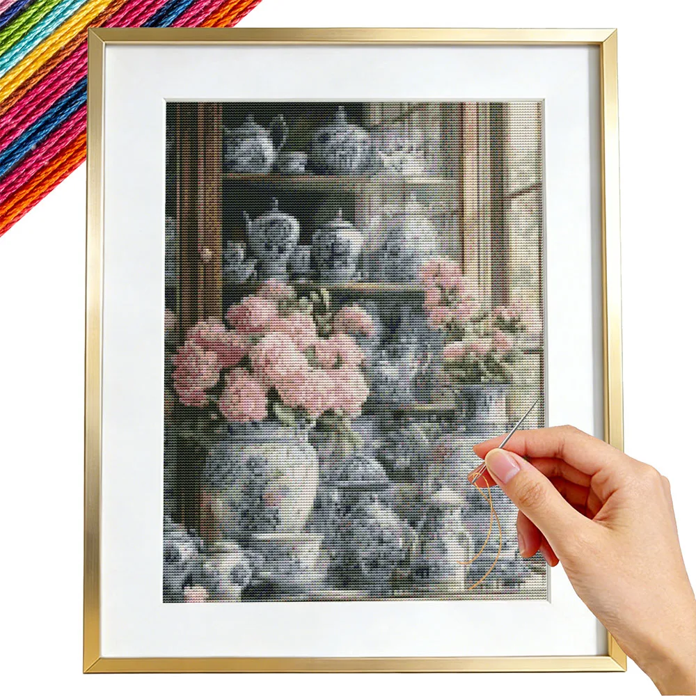 

Наборы для вышивания: Цветы розы, 11CT, ручная работа, вышивка DMC, искусство, чайник, кухня, пейзаж, DIY, красочные картинки, с принтом