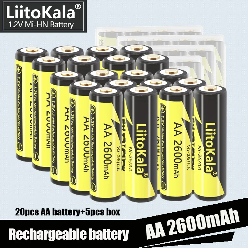 20PCS LiitoKala AA Battery 2600mAh 1.2V 2A Ni-Mh Double A Rechargeable Batteries And 5PC  Flashlight Toys  Case Boxes