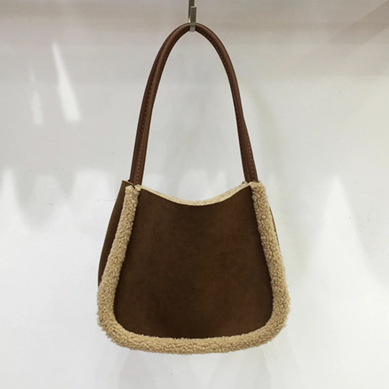 Faux Suede Bucket Bags For Women Luxury Designer Handbags Purses 2023 New Vintage Mitation Lambswool Plush Underarm Shoulder