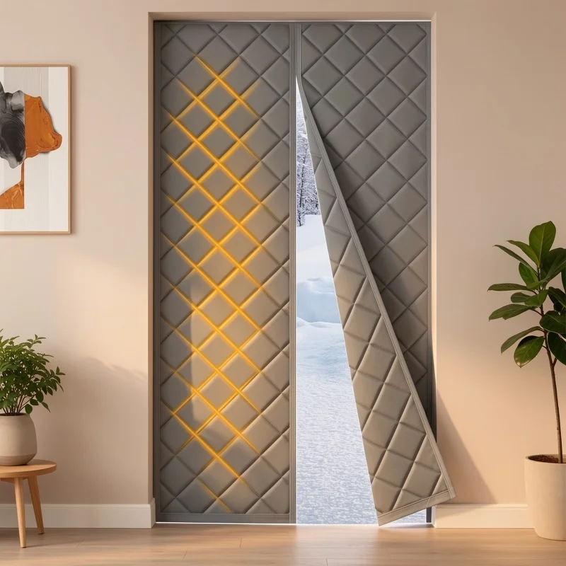 Heavy Duty Insulated Door Curtain for Winter and Spring, Windproof Door Frame Without Drilling, Durable Oxford Fabric
