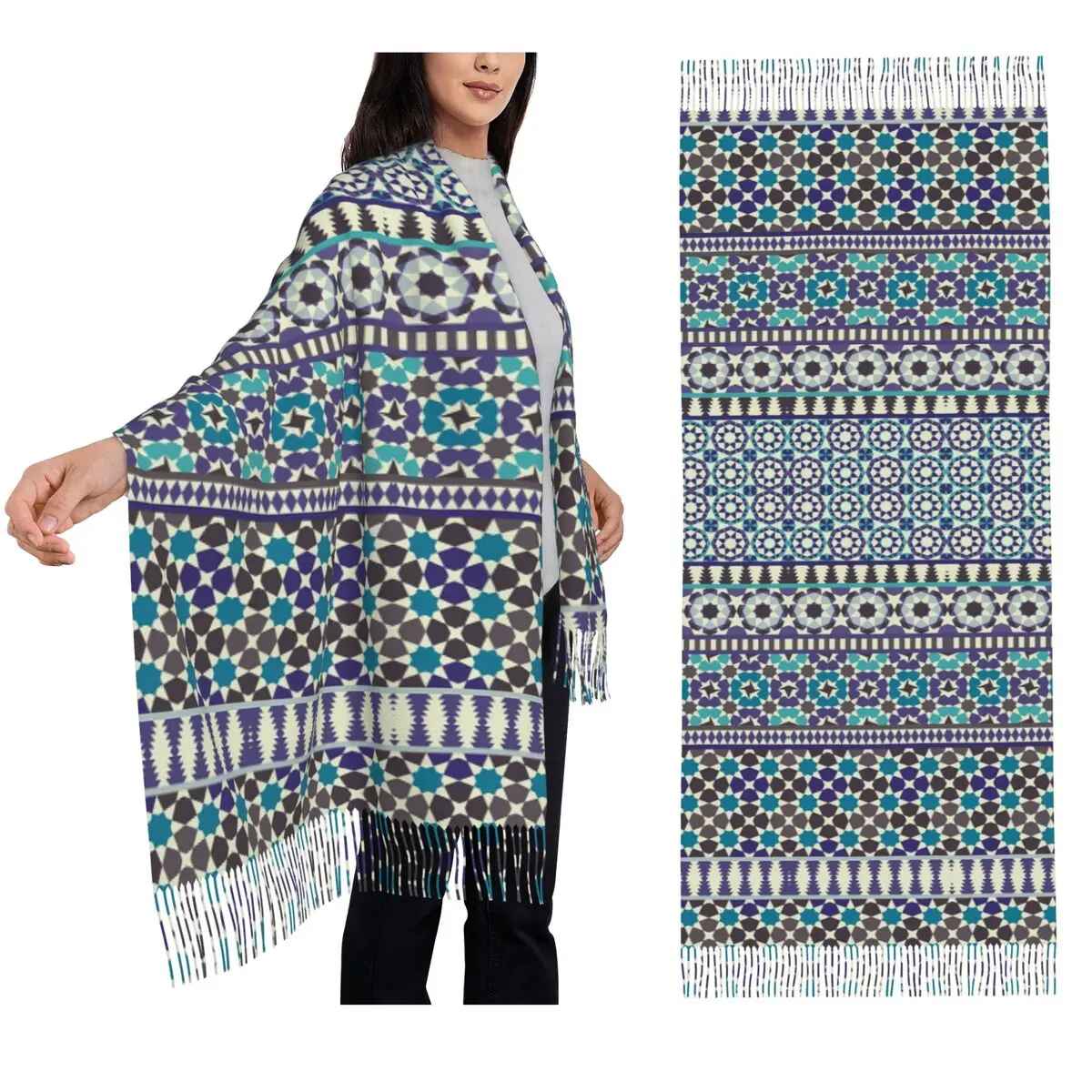 

Alhambra Tessellations Turquoise, Violet And Grey Scarf Tassel Scarves Women Warm Shawls and Wraps Long Fall Winter Shawl Wrap