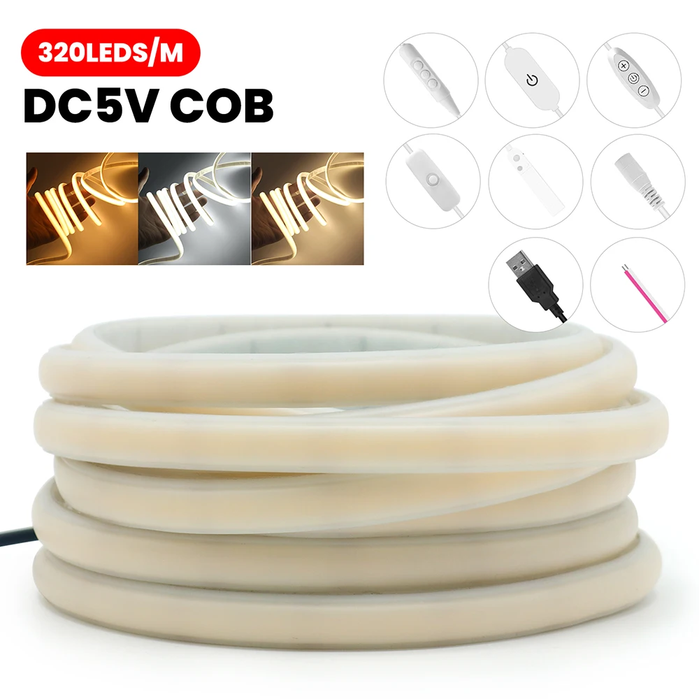 Hollow Silicone COB Neon Strip Waterproof 5V 320 LEDs USB Battery Power Dimmable Flexible LED Light Tape for Kitchen 1m 5m 0.5m