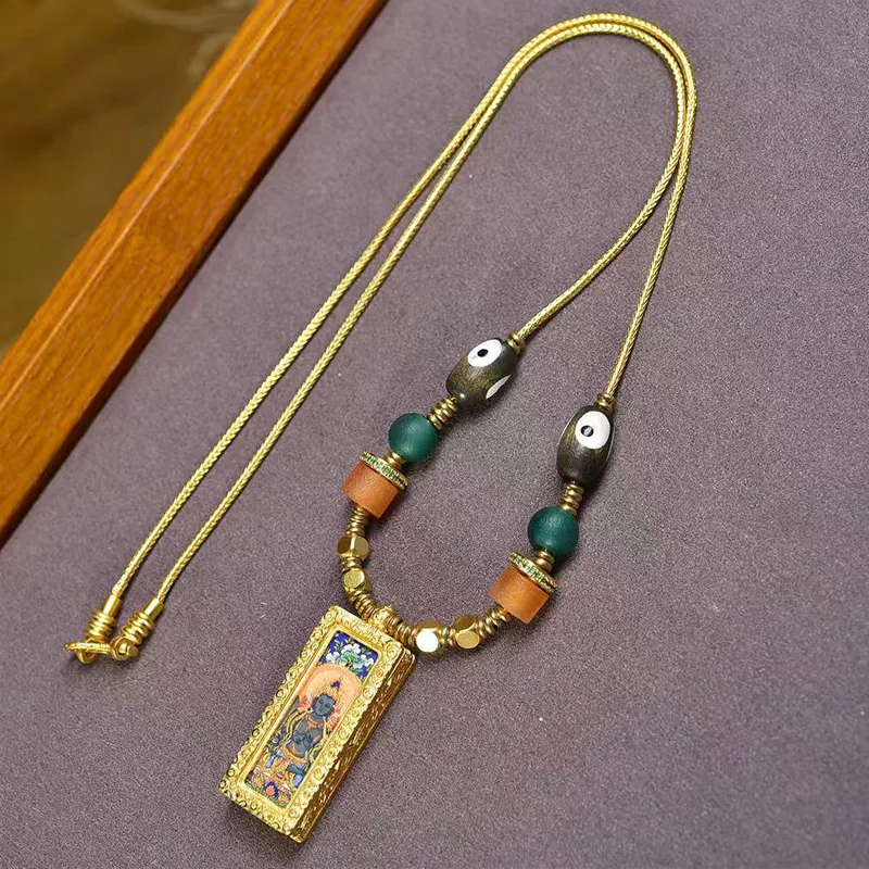 Tibetan-style hand-painted small thangka pendant featuring Mahasthamaprapta Bodhisattva and the Fighting Buddha, with a Zaki Ram