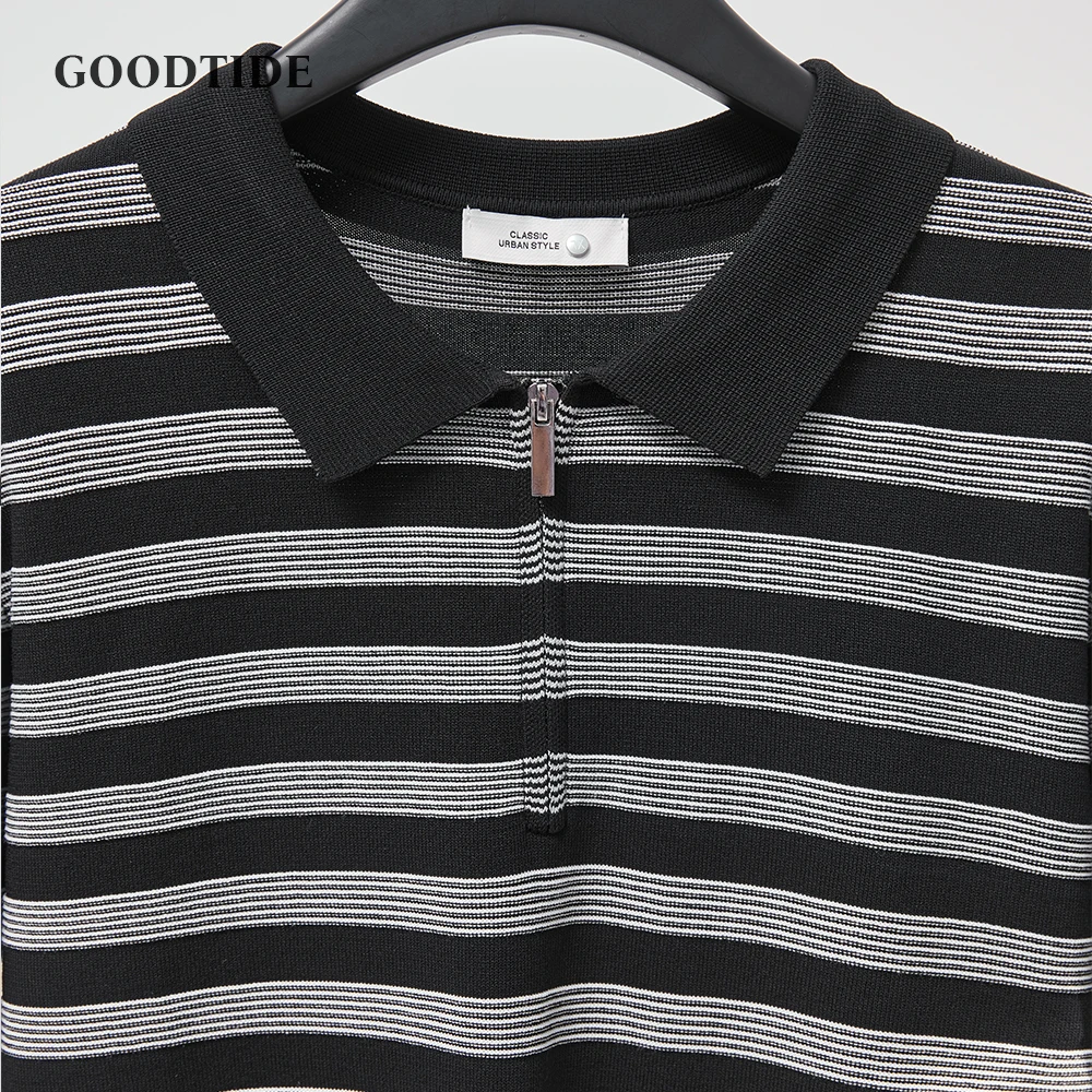 Men's Striped Polo Shirt Summer New Lapel Half Zipper Business Office Fashion Retro Quality Short Sleeve T-shirt Tops Men