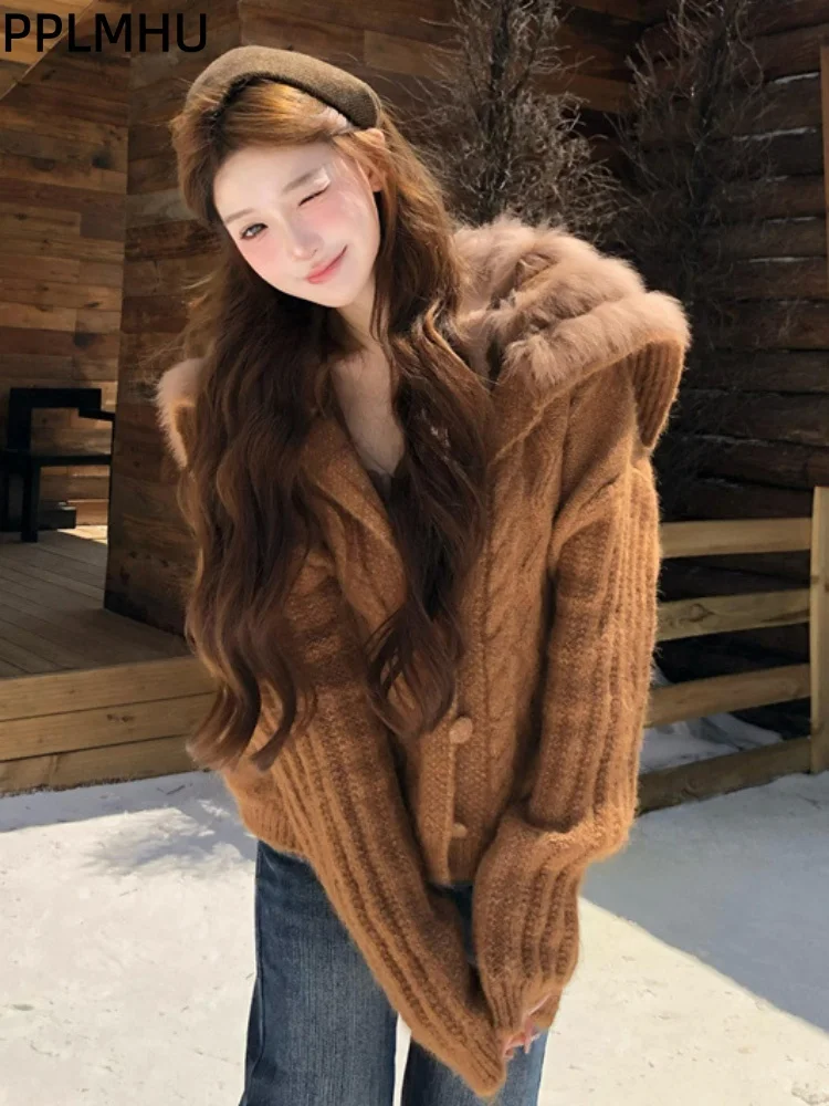

Baggy Single Breasted Button Knitted Cardigan Women's Casual Lapel Fur Collar Fashion Knitwear Sweater Soft Long Sleevedgilet