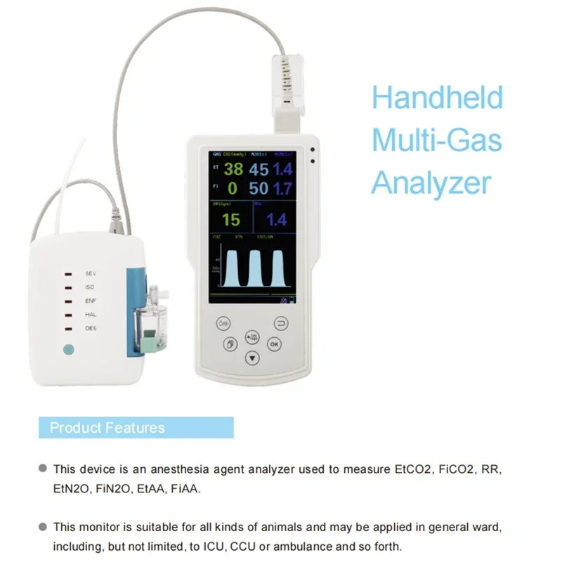 yyhc Hospital Use Handheld Anesthesia Agent analyzer to measure EtCO2, FiCO2, RR, EtN2O, FiN2O, EtAA Multi-Gas Analyzer