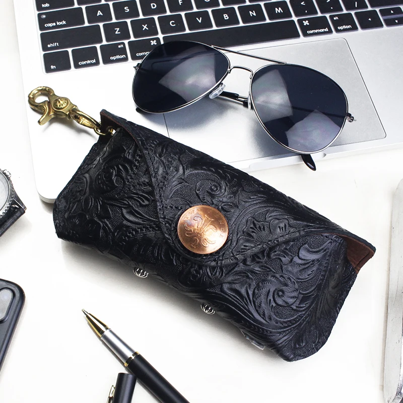 

Handmade Genuine Leather Sunglasses Bag Luxury Leather Eyeglasses Pouch Portable Reading Glasses Soft Box With Hang Buckle