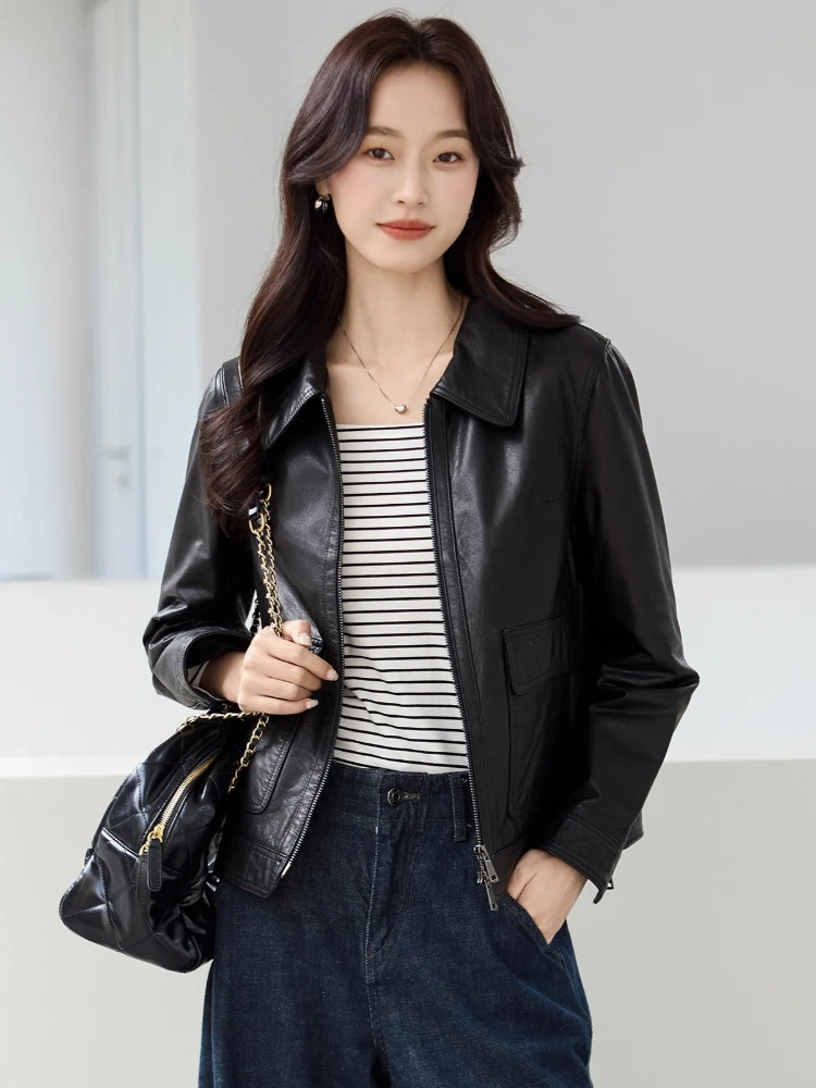 Slim Short Genuine Leather Motorcycle Jackets for Women Spring Autumn 2025 New High-end Simple Black Real Cow Leather Coat