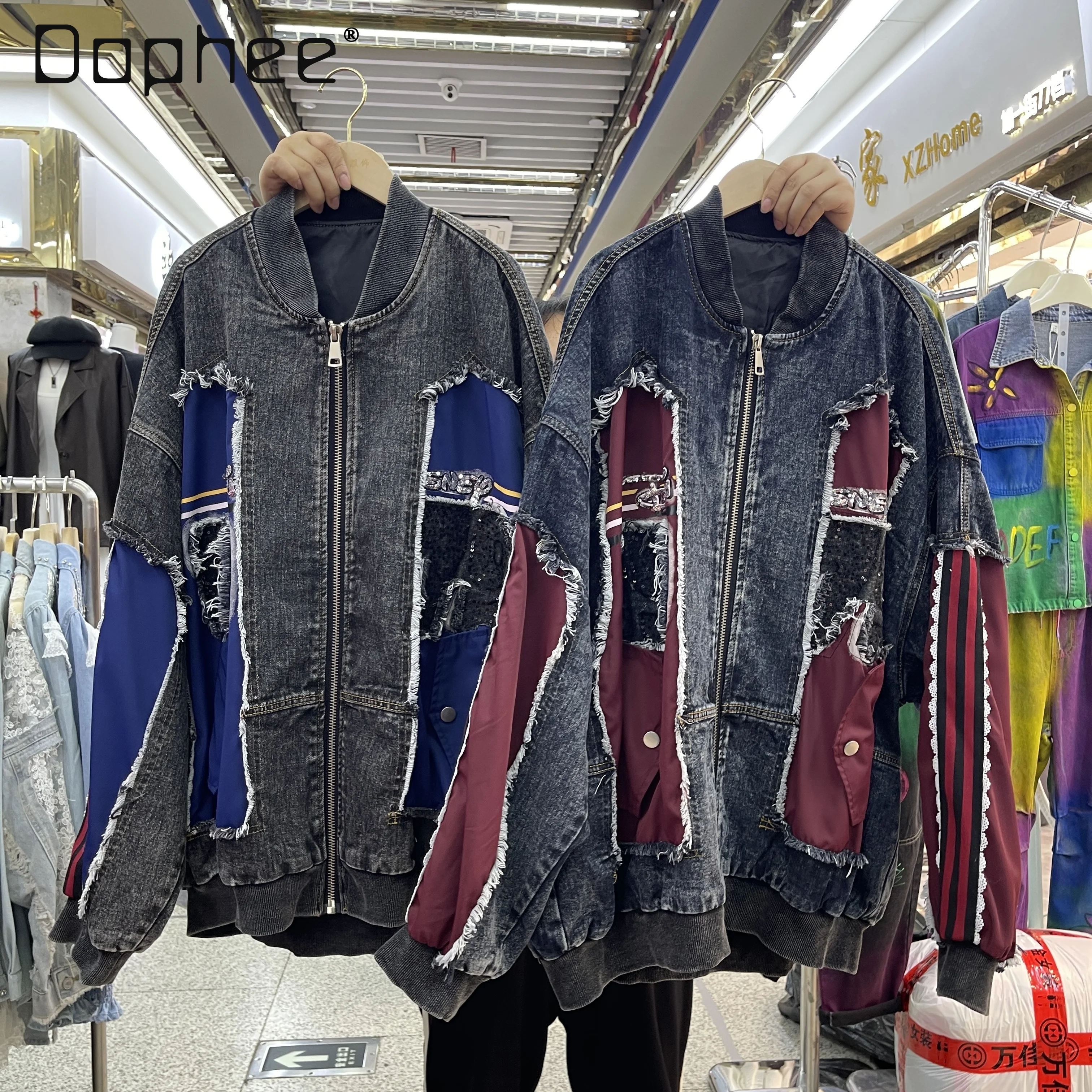 

Осенняя новая свободная бейсбольная куртка средней длины с мультяшным принтом и блестками, винтажная женская куртка, уличный стиль, джинсовая куртка с героями мультфильмов аниме