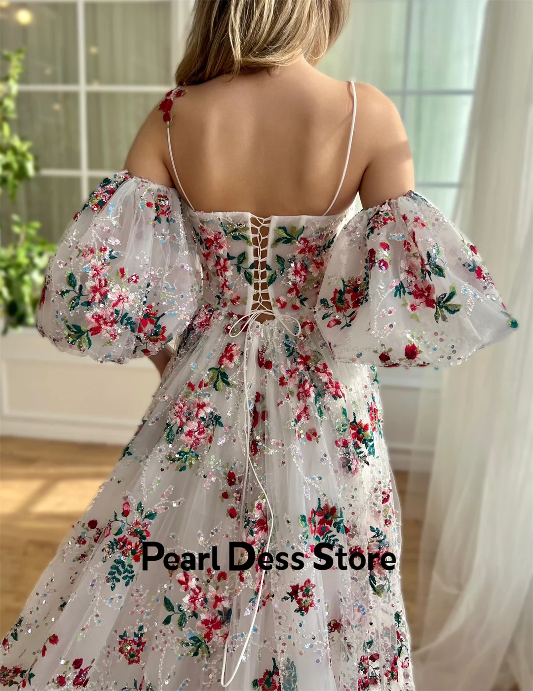 2024 White Sweetheart Short Sleeve Floor Handmade Embroidered Flower Dress Ball Evening Dress