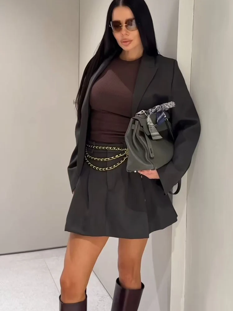 TFMLN Set di gonne blazer da donna eleganti con risvolto Giacca slim a maniche lunghe Minigonna a trapezio Primavera Autunno Nuovo abito casual femminile