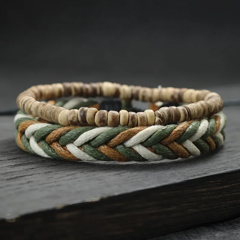 2Pcs Men Bracelet Set Natural Coconut Beads Braclet Homme Handmade Weaven Macrame Braslet Tiger Eyes Stone Brazalete Pulseria image 3